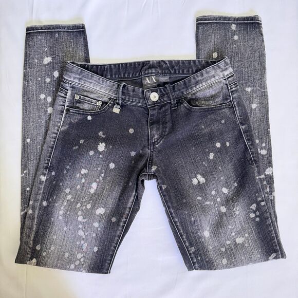 Armani Exchange Black Acid Washed Splattered Low Rise Stretch Denim Size 4 - Picture 1 of 9